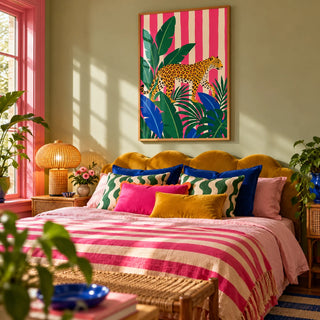 Leopard Prowl Poster, framed on the wall of a dopamine bedroom