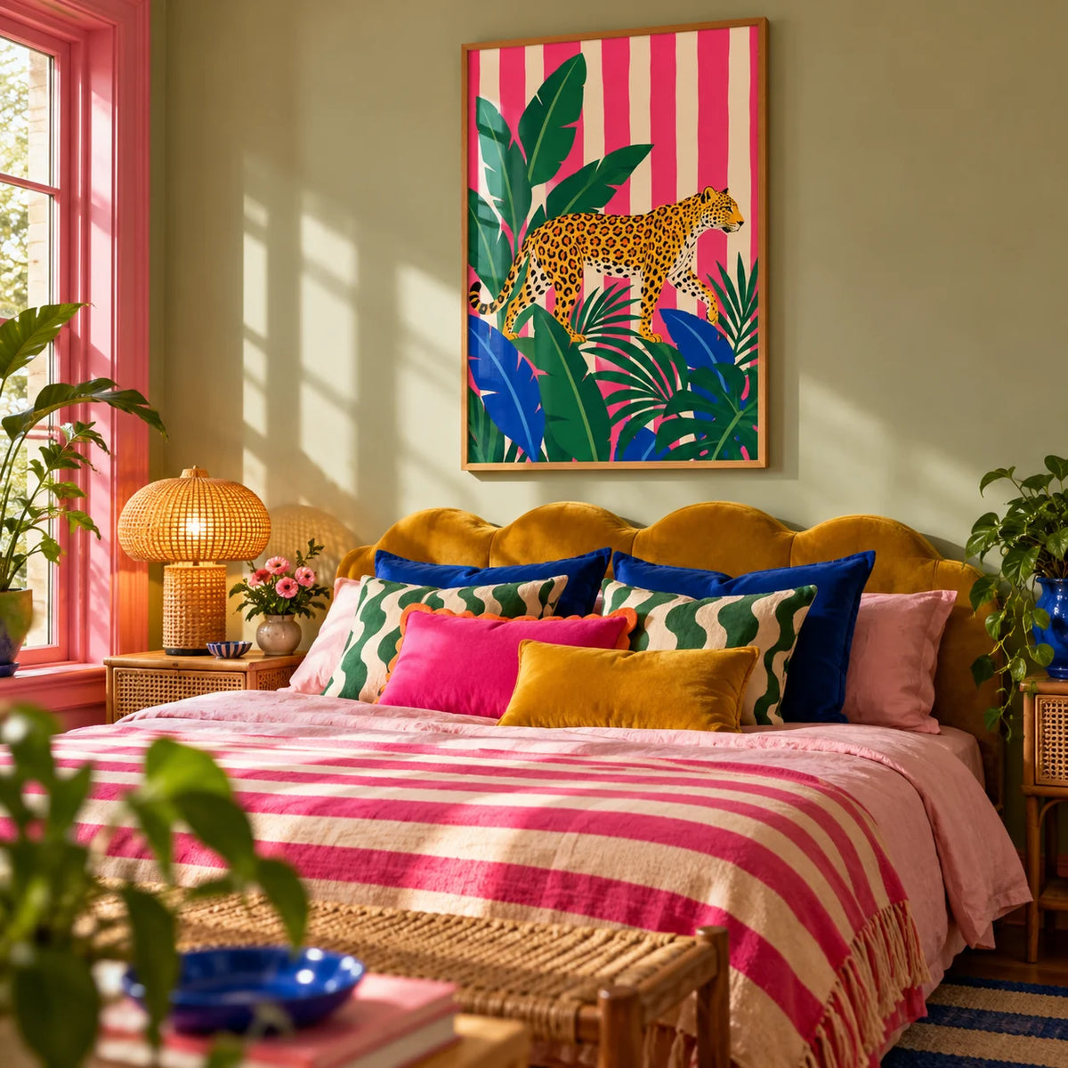 Leopard Prowl Poster, framed on the wall of a dopamine bedroom