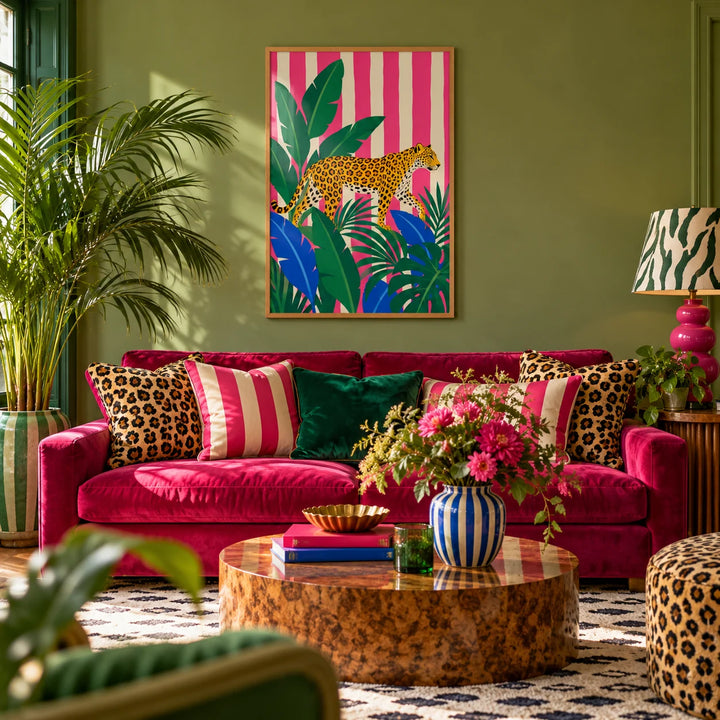 Leopard Prowl Poster, framed on the wall of a maximalist living room