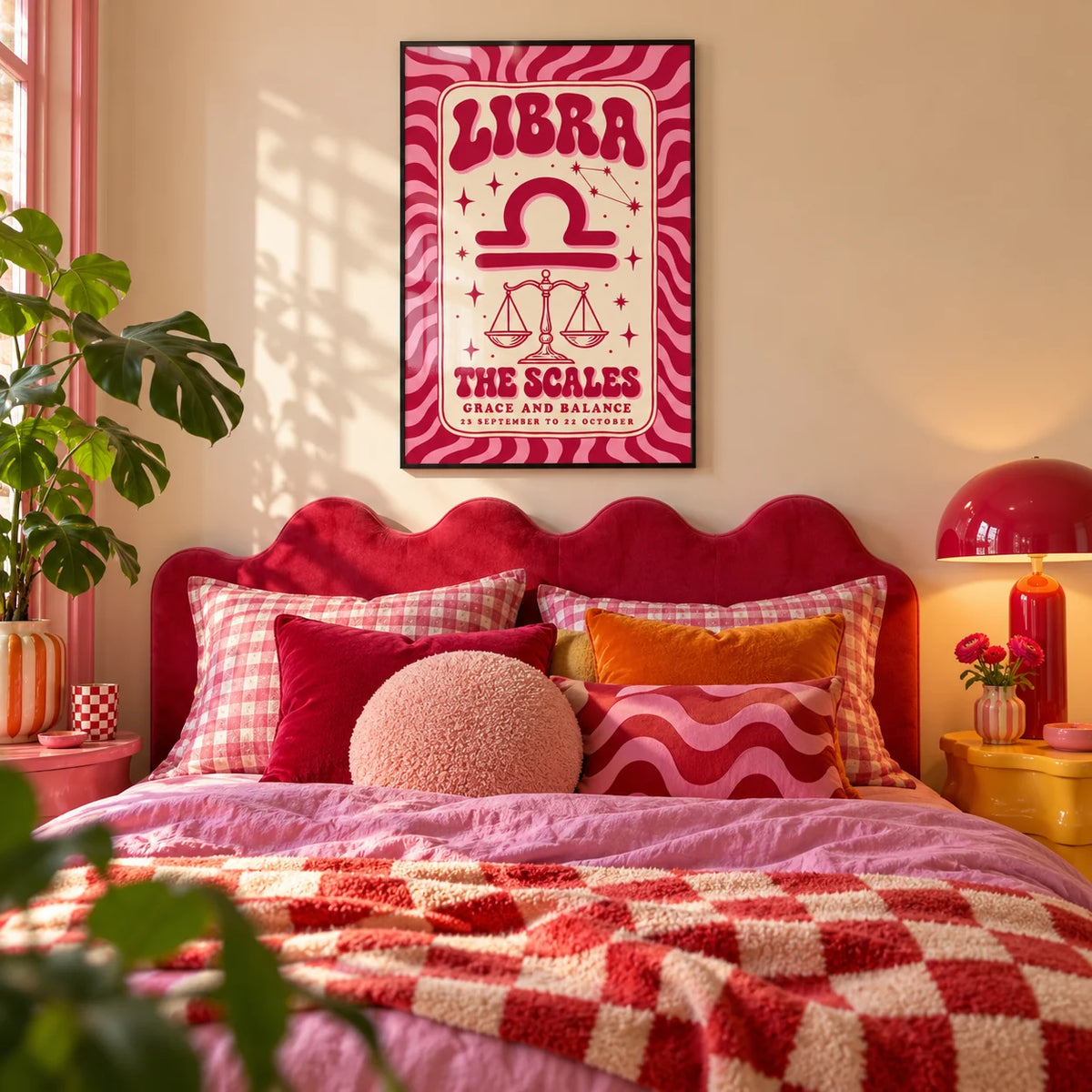 Libra Wall Art, framed on the wall of a colourful dopamine bedroom