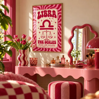 Libra Wall Art, framed on the wall of a playful dressing area in a bathroom