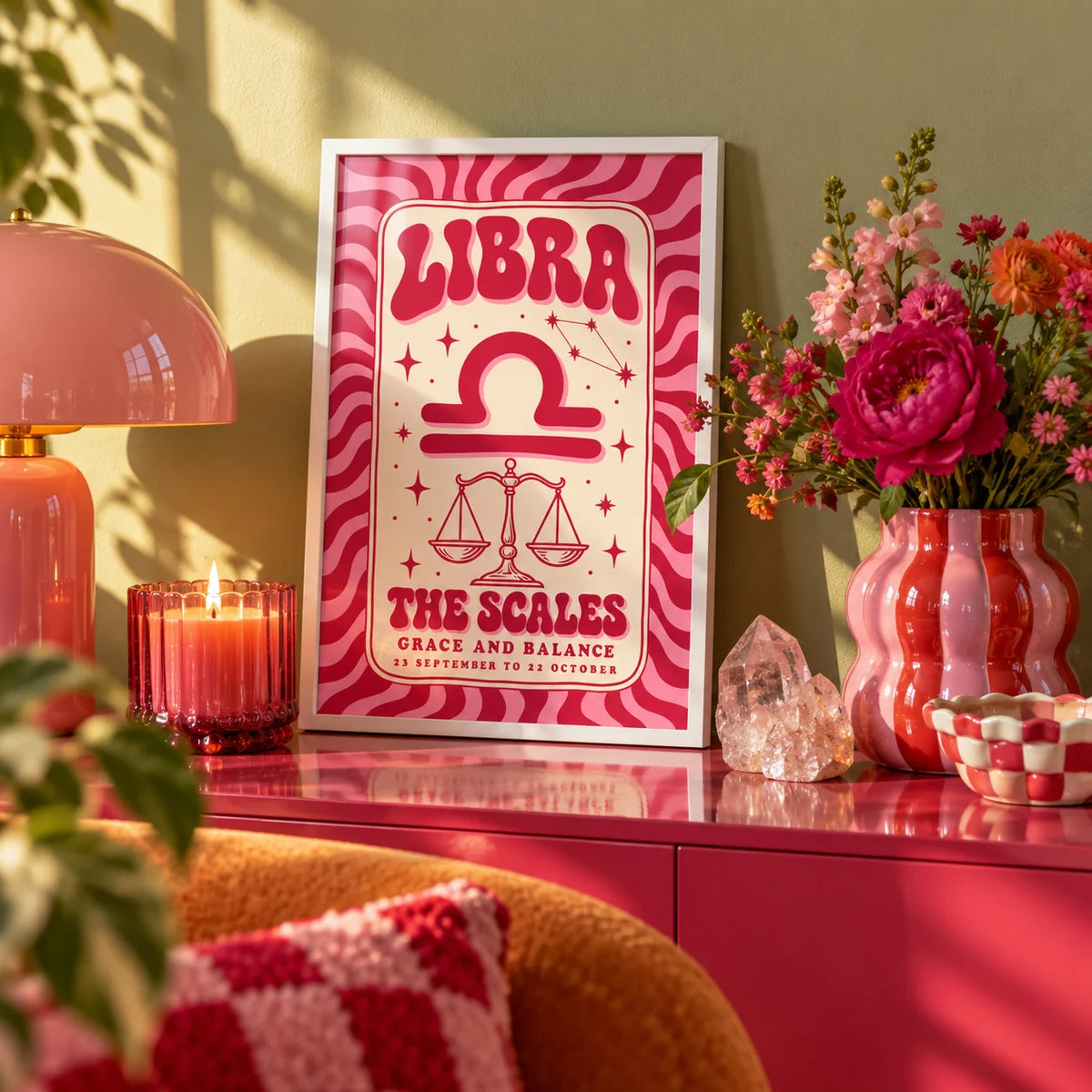 Libra Wall Art, a small A4 framed print leaning on a colourful lacquered shelf in a living room