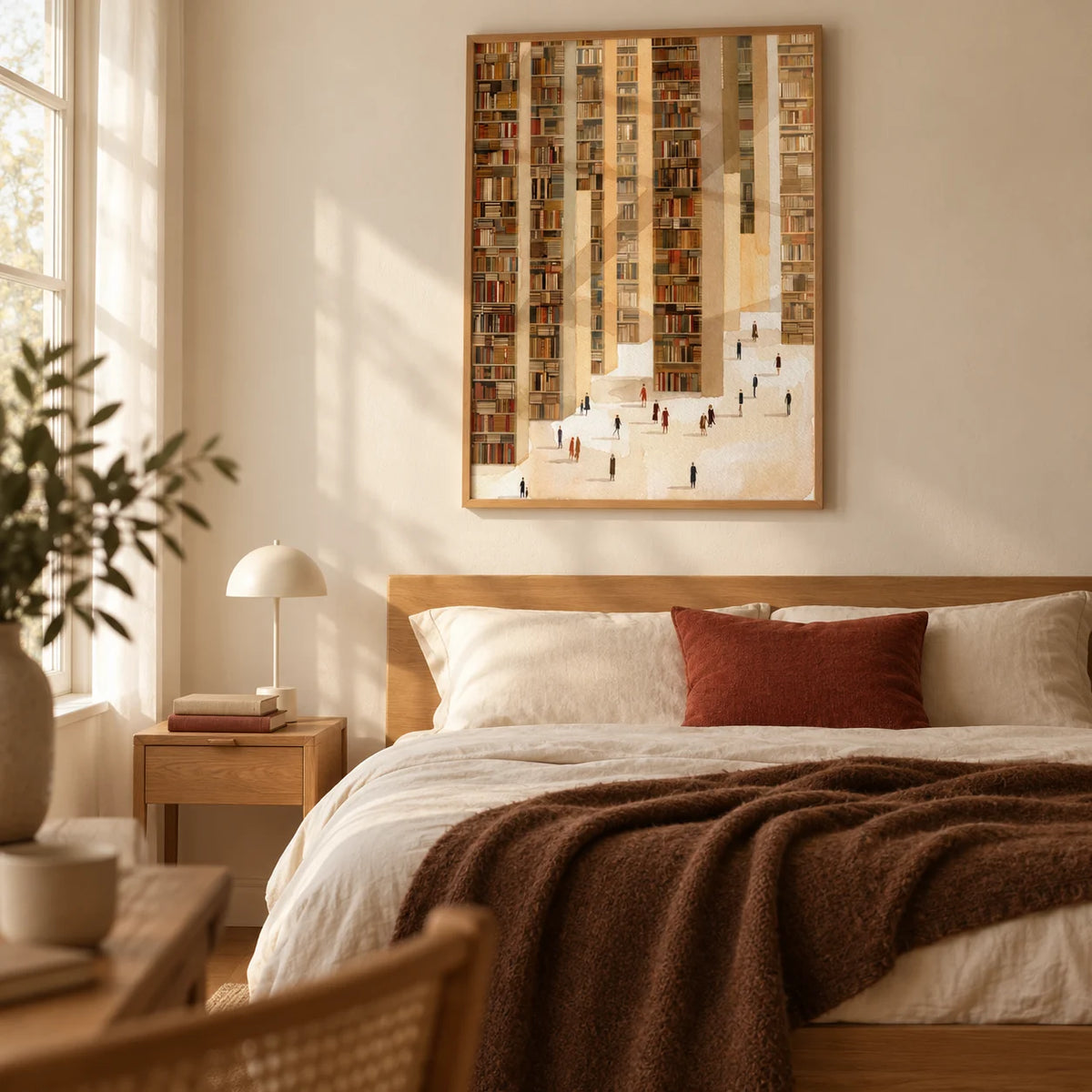 Library Art Print, framed on the wall of a calm book lover's bedroom with a warm cream wall and pale oak floor
