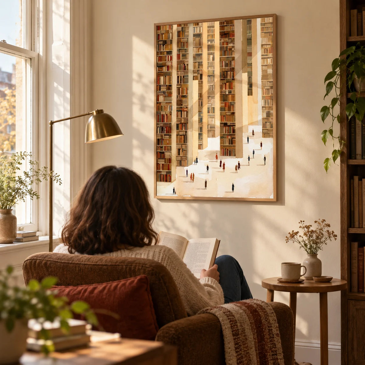 Library Art Print, framed on the wall of a quiet reading corner beside a tall sash window in a book lover's home in a living room
