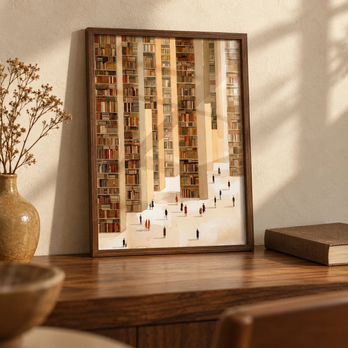Library Art Print, a small A4 framed print leaning on a walnut desk