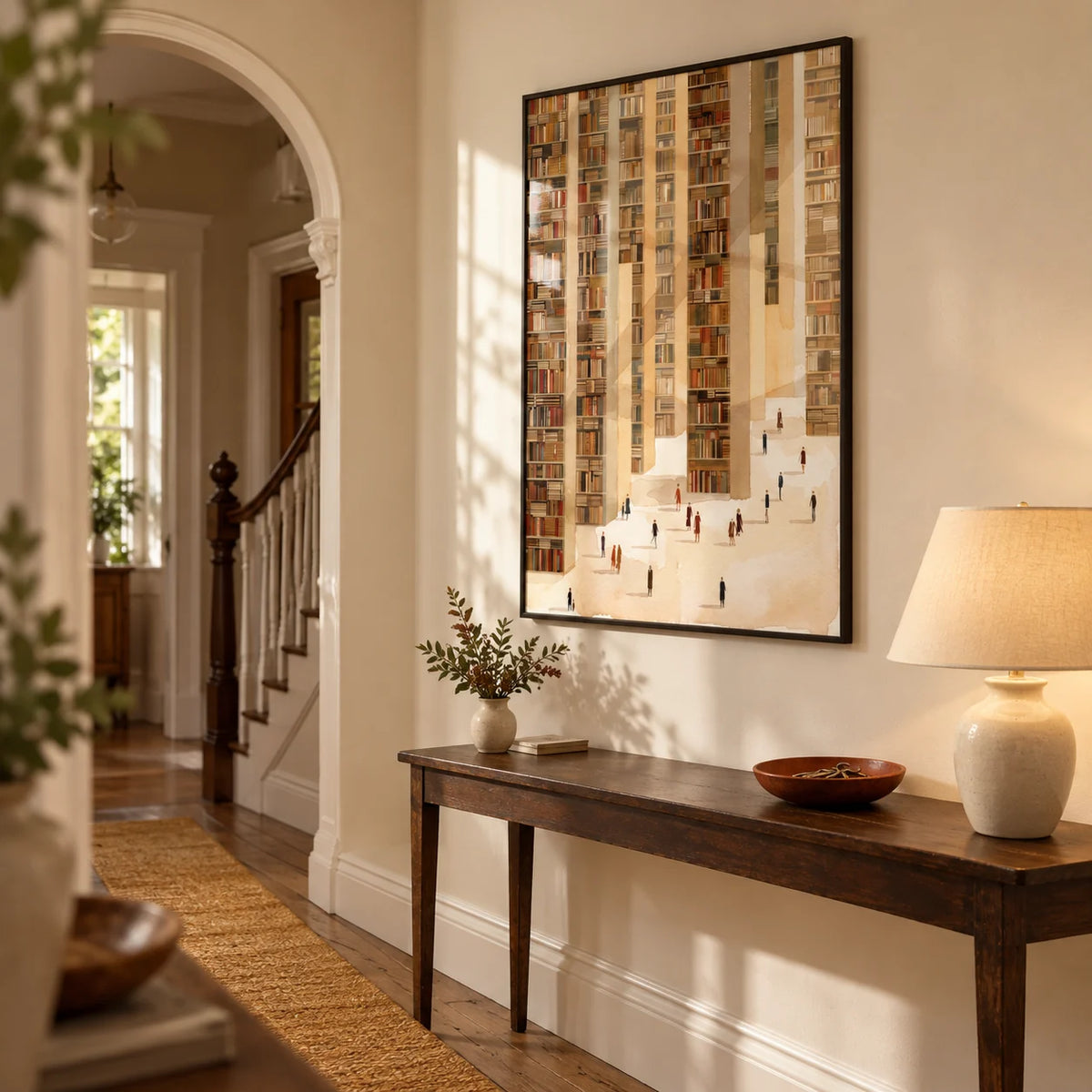 Library Art Print, framed on the wall of a welcoming hallway in an Edwardian terrace with warm ivory walls