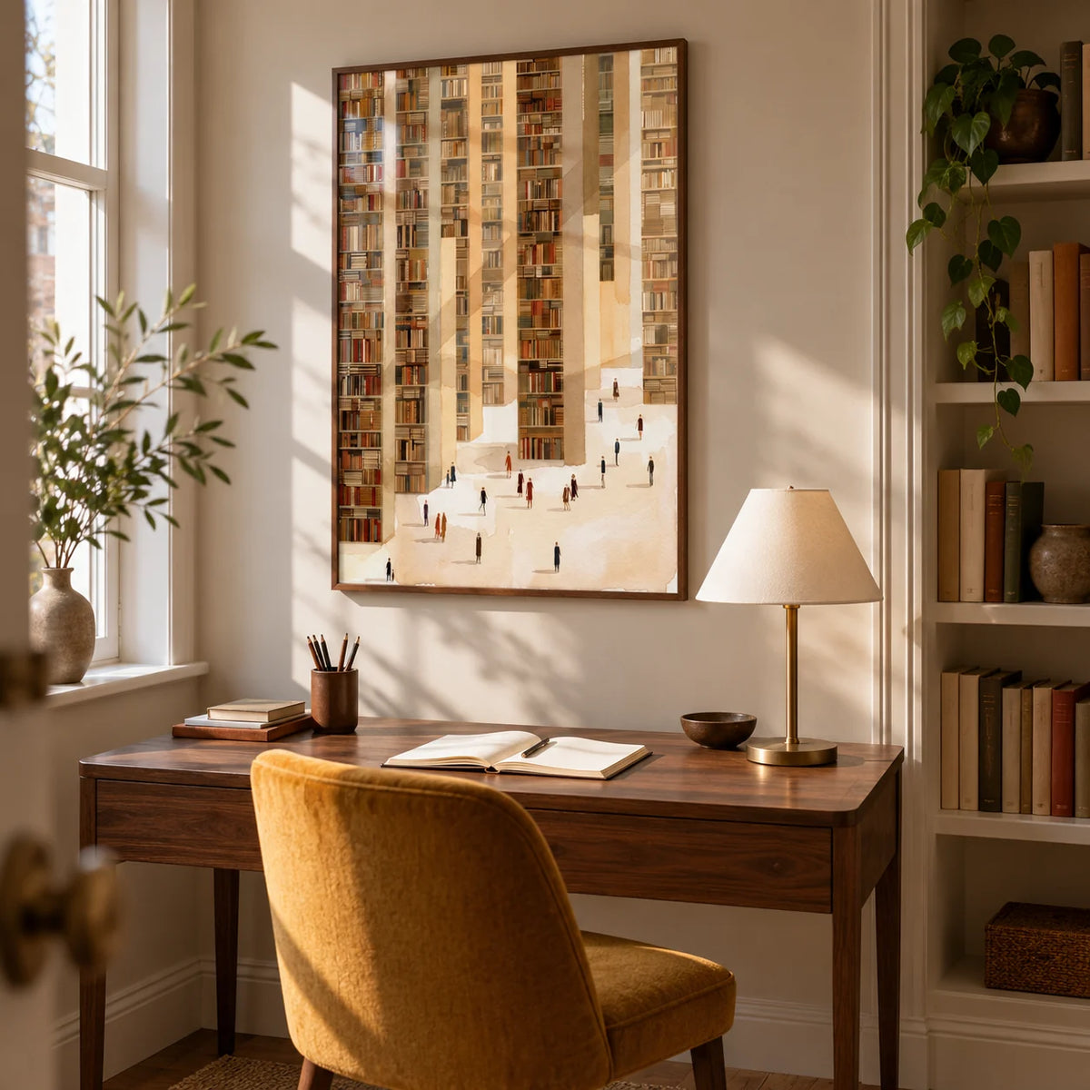 Library Art Print, framed on the wall of a writer's compact study in a UK maisonette with pale putty walls and a simple recessed bookshelf on the adjacent wall