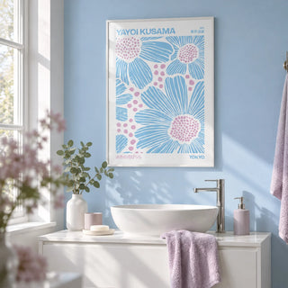 Light Blue Wall Art, framed on the wall of a bright bathroom with a baby blue painted wall