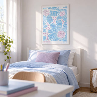 Light Blue Wall Art, framed on the wall of a pretty teen girl's bedroom (13-17) with a white wall