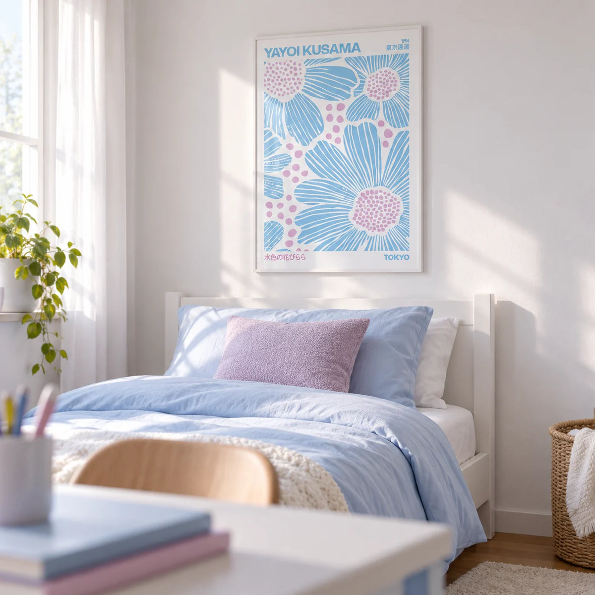 Light Blue Wall Art, framed on the wall of a pretty teen girl's bedroom (13-17) with a white wall