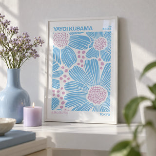 Light Blue Wall Art, a small A4 framed print leaning on a white shelf in a living room