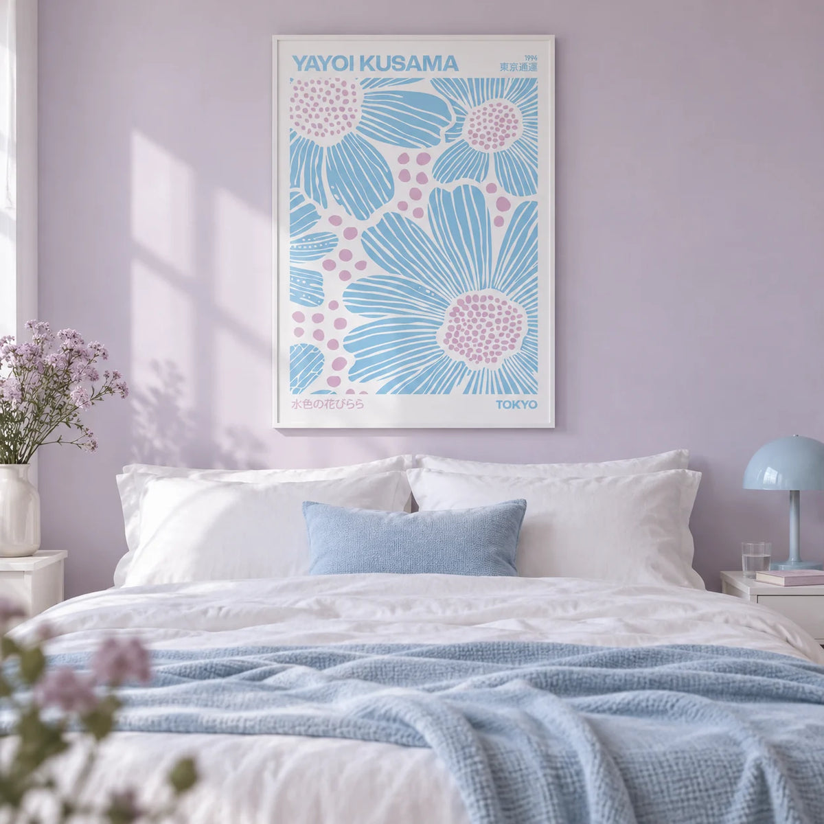Light Blue Wall Art, framed on the wall of a soft bedroom with a pale lilac wall