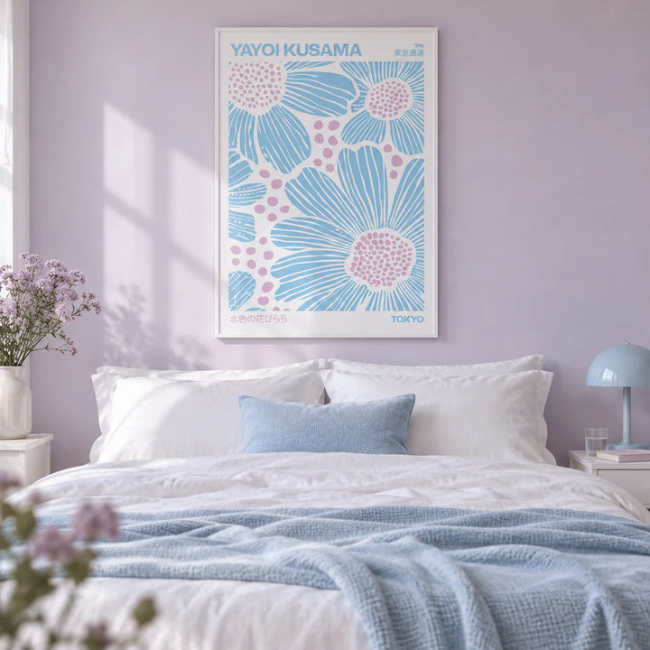 Light Blue Wall Art, framed on the wall of a soft bedroom with a pale lilac wall