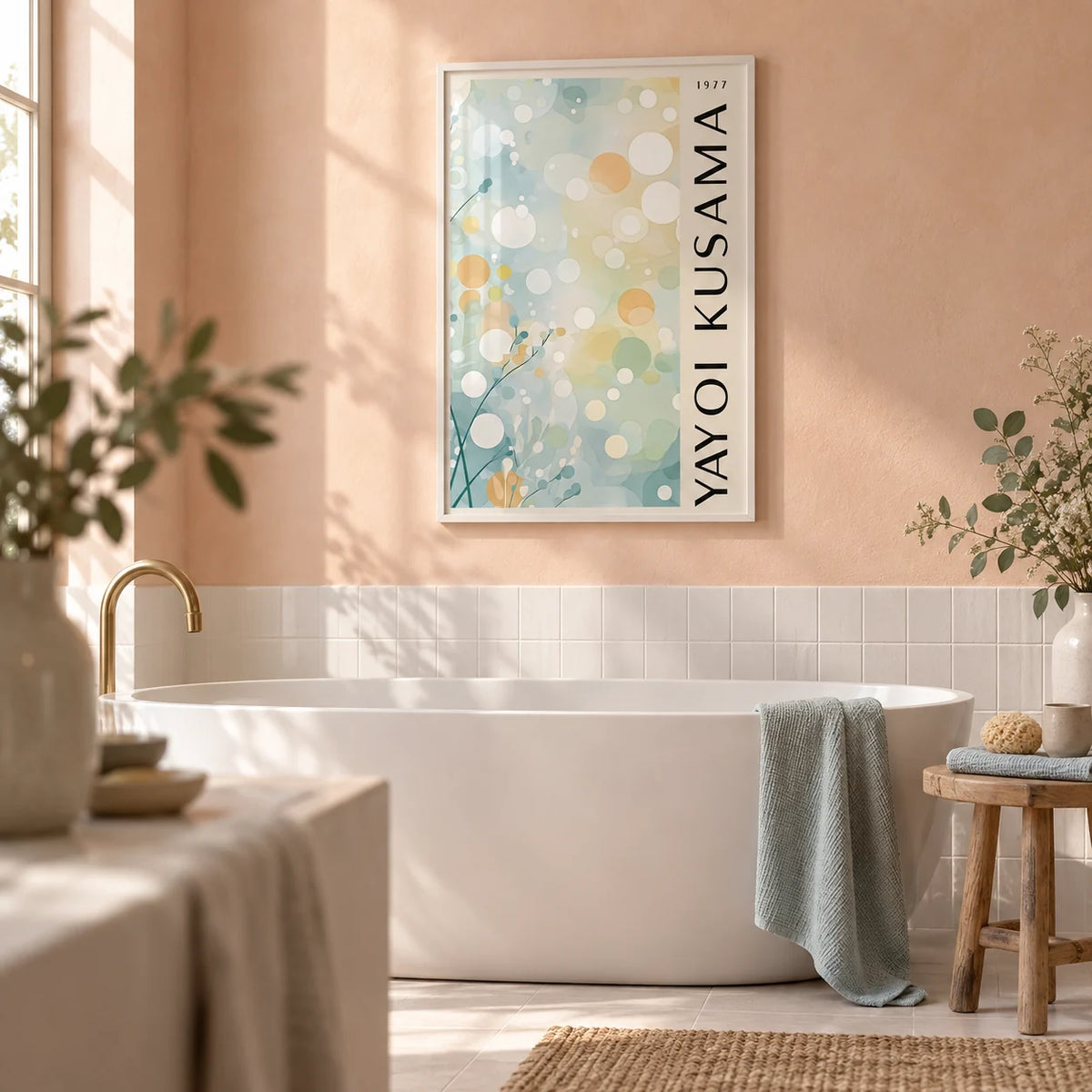 Light Blue Wall Decor, framed on the wall of a calm bathroom with a soft peach plaster wall and plain white tiles below