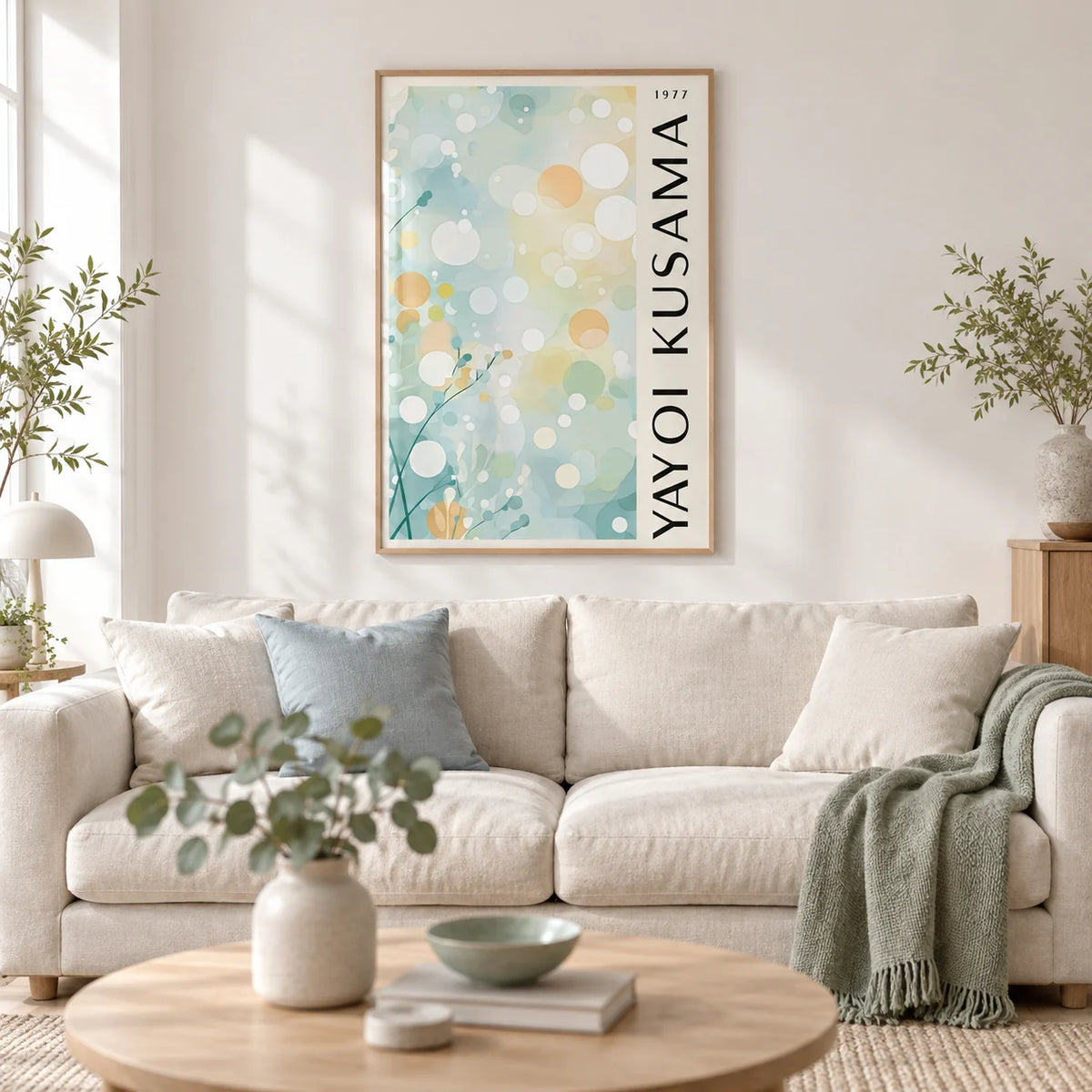 Light Blue Wall Decor, framed on the wall of a calm Scandi living room with a soft white wall and a pale oak floor