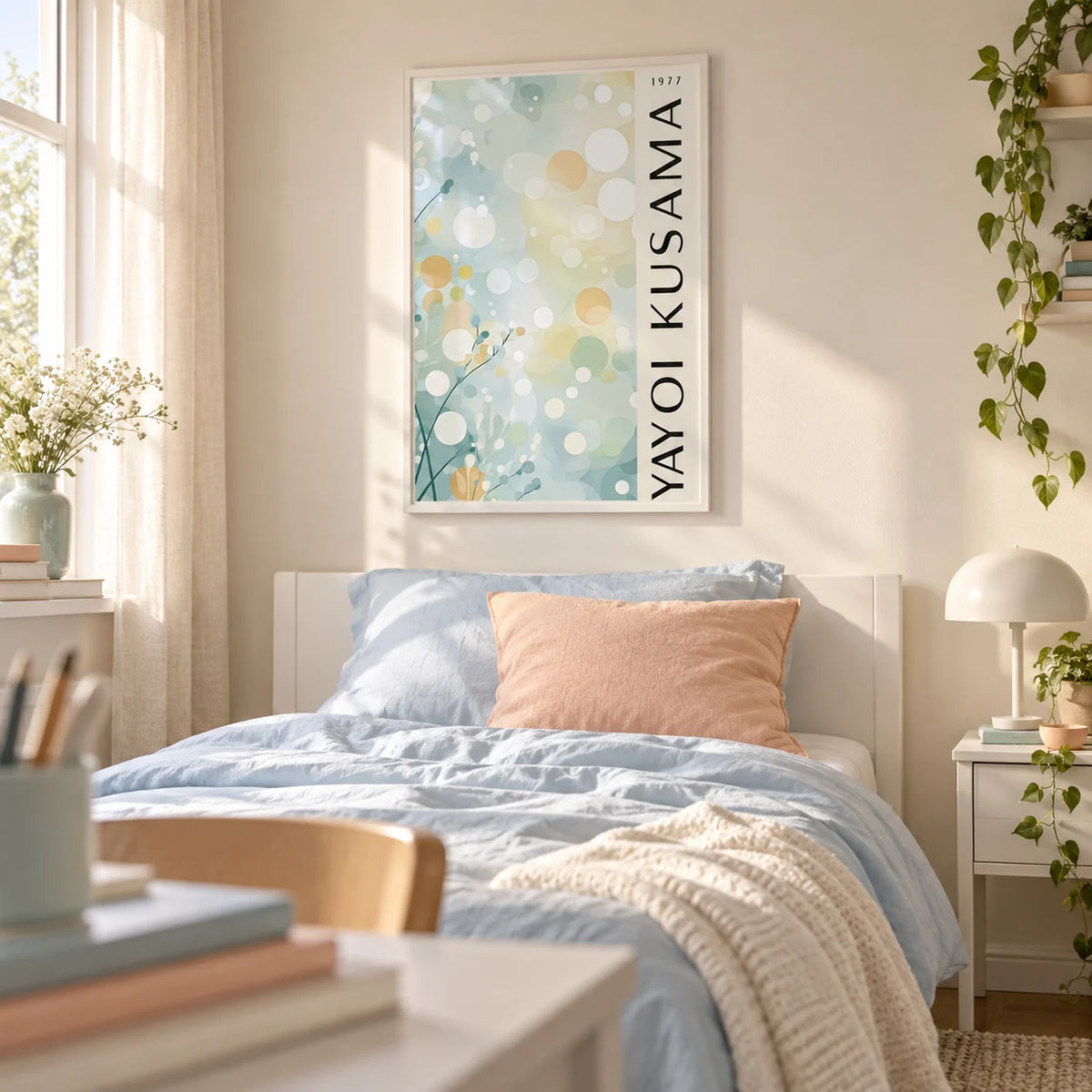 Light Blue Wall Decor, framed on the wall of a calm teen girl's bedroom (13-17) with a soft cream wall