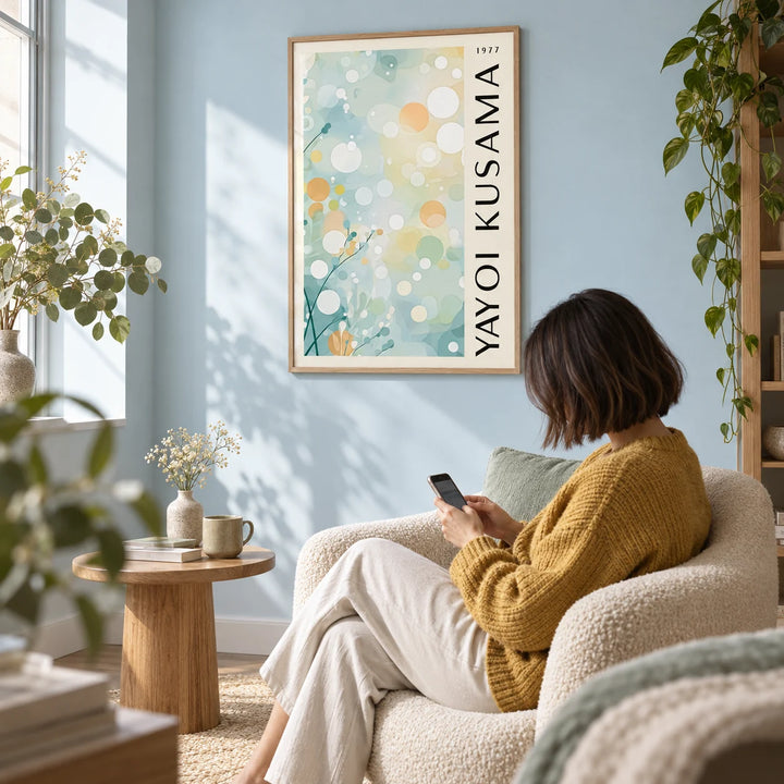 Light Blue Wall Decor, framed on the wall of a reading nook with a pale blue wall in a living room