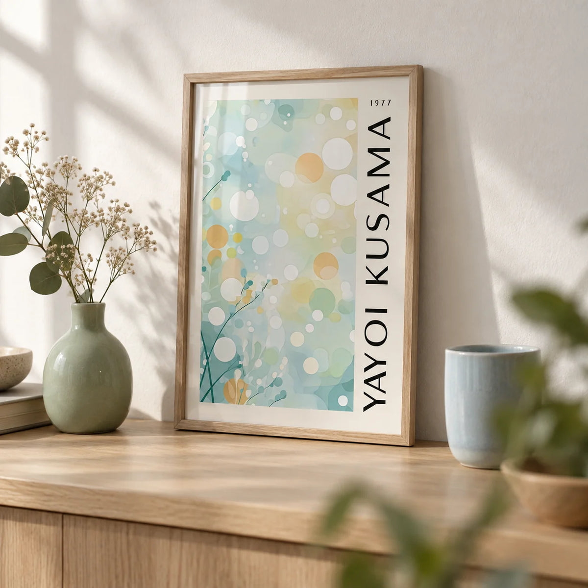 Light Blue Wall Decor, a small A4 framed print leaning on a pale oak shelf in a living room
