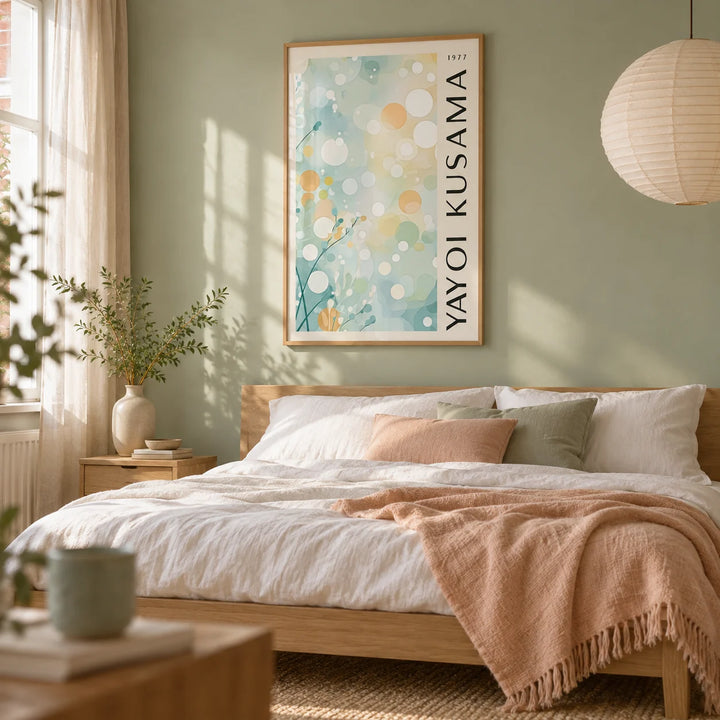 Light Blue Wall Decor, framed on the wall of a soft bedroom with a pale sage green wall