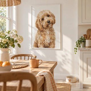 Light Brown Cockapoo Print, framed on the wall of a bright family kitchen