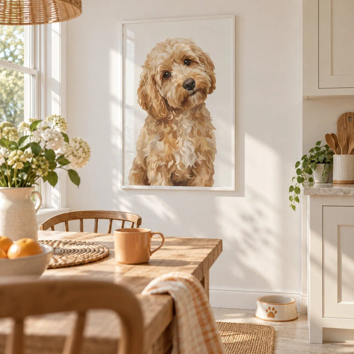 Light Brown Cockapoo Print, framed on the wall of a bright family kitchen