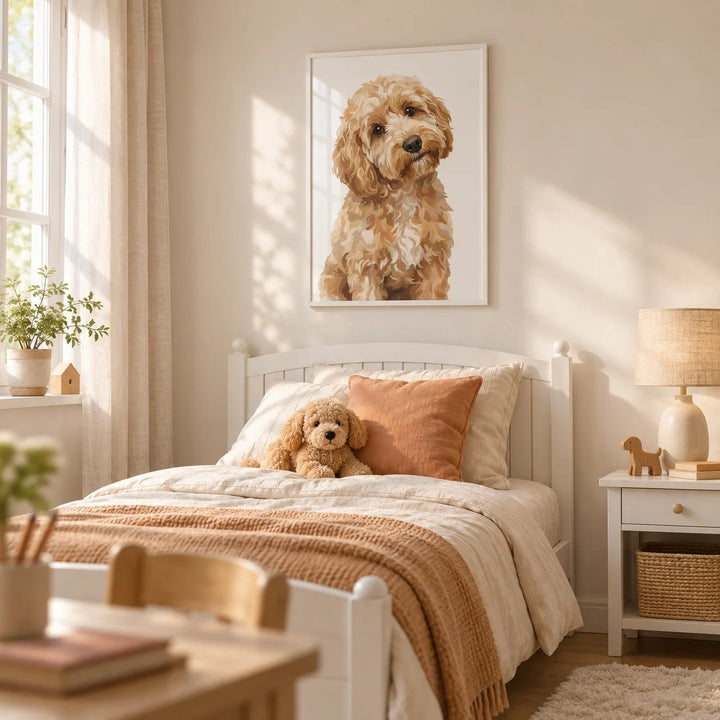 Light Brown Cockapoo Print, framed on the wall of a calm child's bedroom