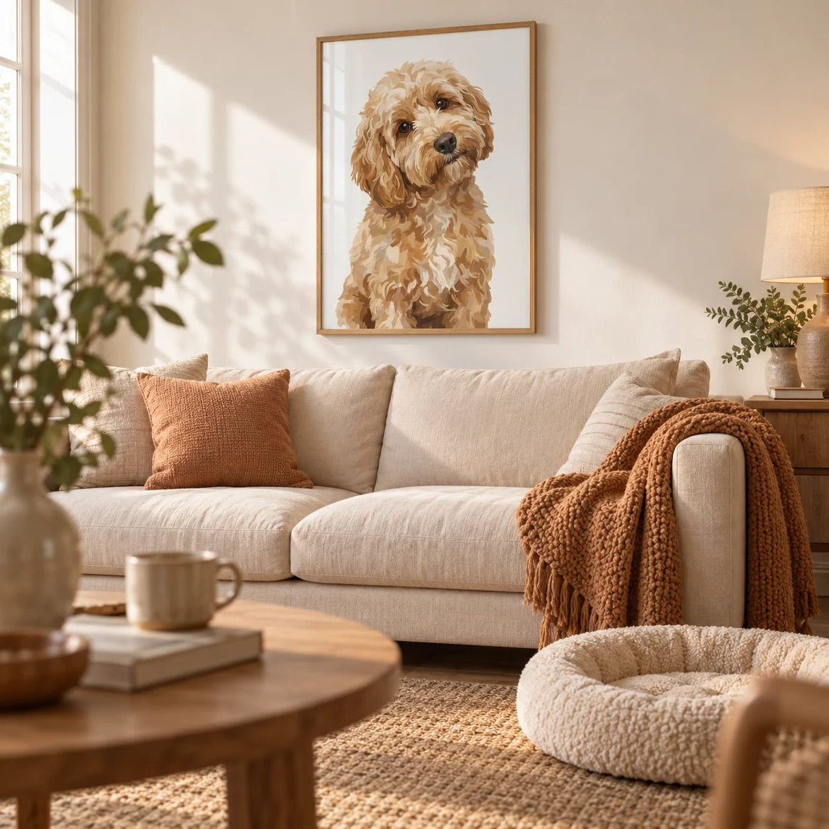 Light Brown Cockapoo Print, framed on the wall of a cosy living room