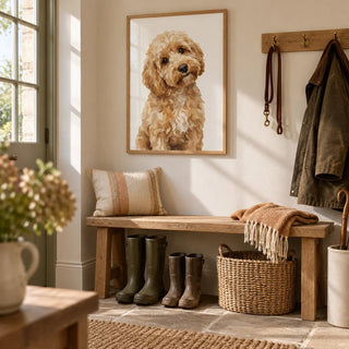 Light Brown Cockapoo Print, framed on the wall of a country boot room in a hallway