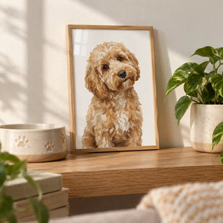 Light Brown Cockapoo Print, a small A4 framed print leaning on an oak shelf in a living room