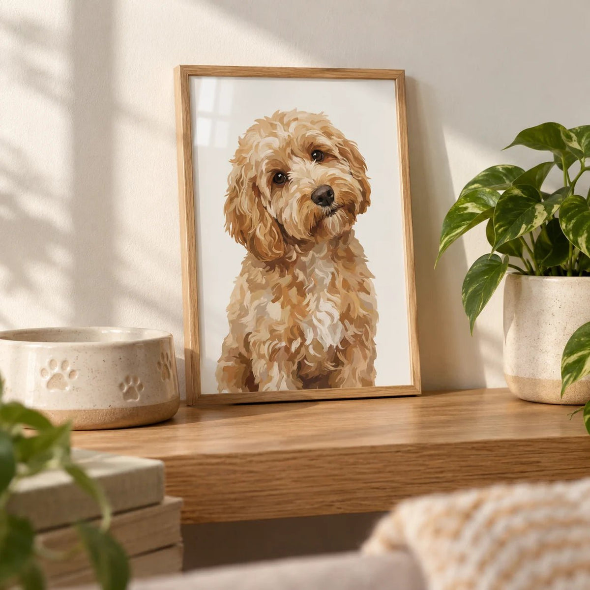 Light Brown Cockapoo Print, a small A4 framed print leaning on an oak shelf in a living room