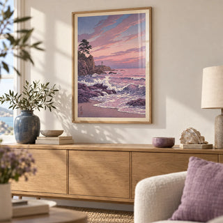 Lighthouse Sunset Wall Art, framed on the wall of a calm coastal living room with a warm white wall