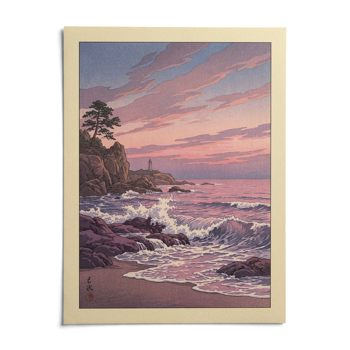 Lighthouse Sunset Wall Art, shown as an unframed paper print on a plain white background