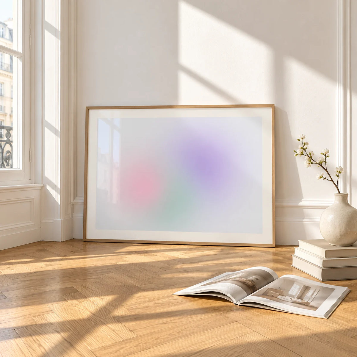 Lilac and Mint Print, framed and leaning on the parquet floor of a bright living room