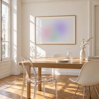 Lilac and Mint Print, framed on the wall of a bright dining corner