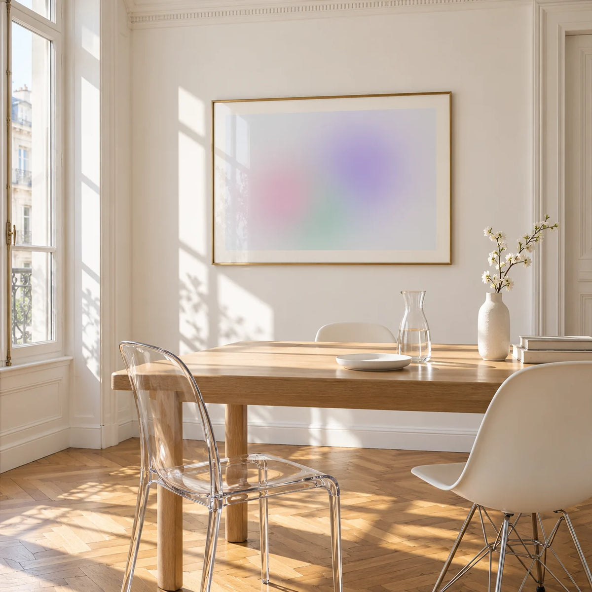 Lilac and Mint Print, framed on the wall of a bright dining corner