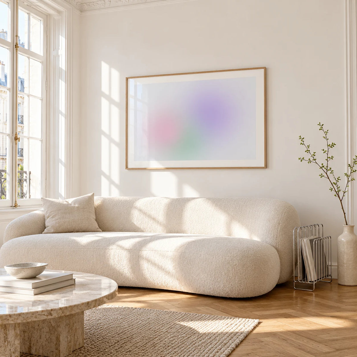 Lilac and Mint Print, framed on the wall of a bright living room corner