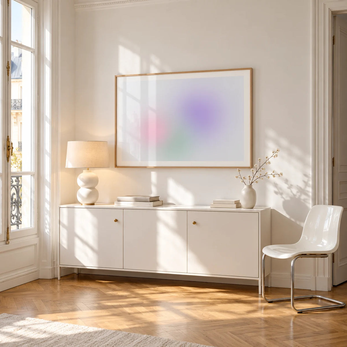 Lilac and Mint Print, framed on the wall of a bright Paris style apartment in a living room