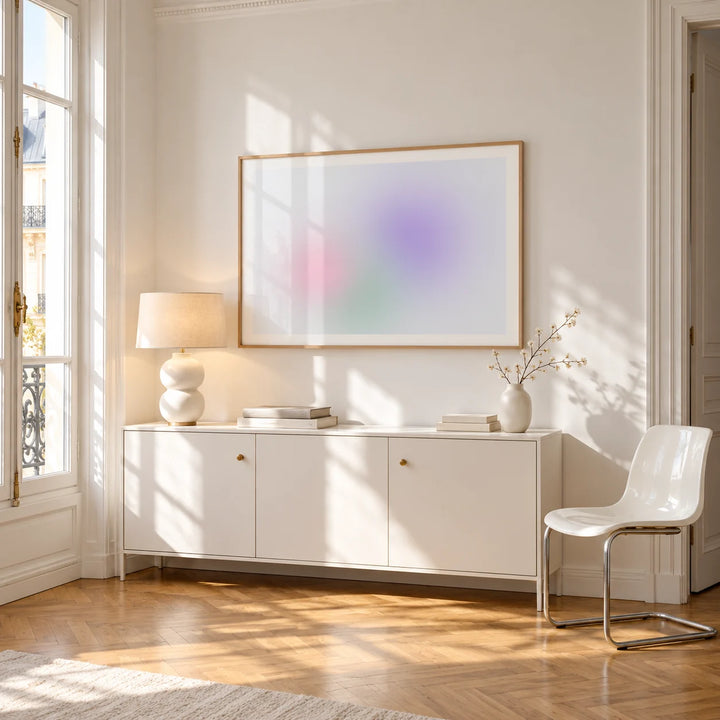 Lilac and Mint Print, framed on the wall of a bright Paris style apartment in a living room