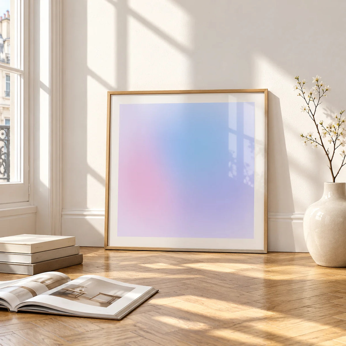 Lilac Haze Print, framed and leaning on the parquet floor of a bright living room