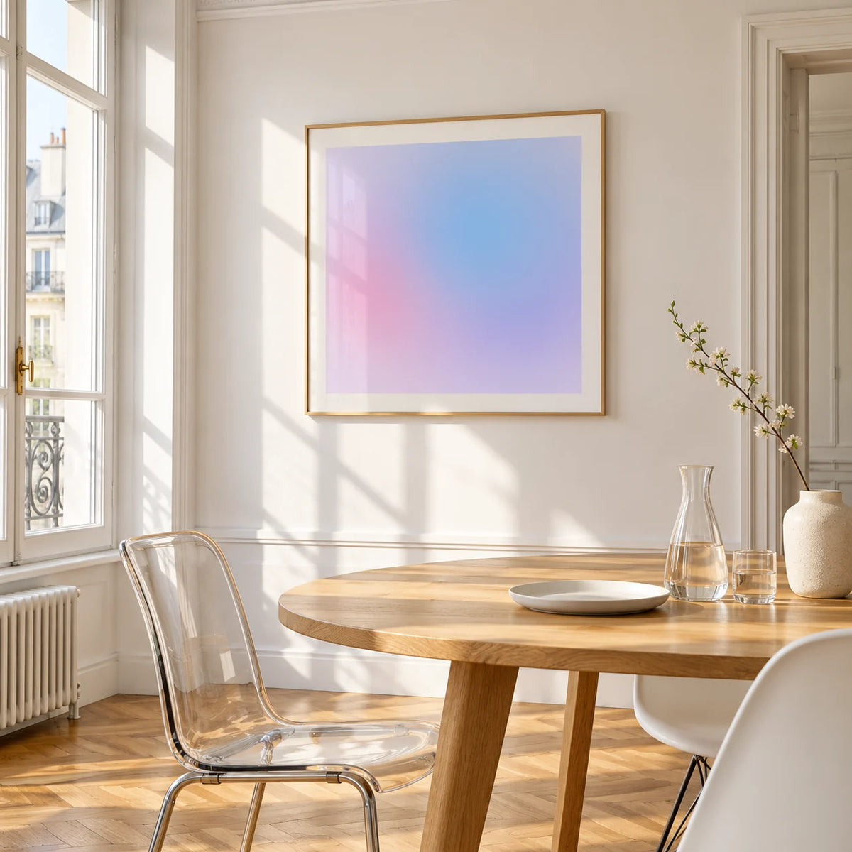 Lilac Haze Print, framed on the wall of a bright dining corner