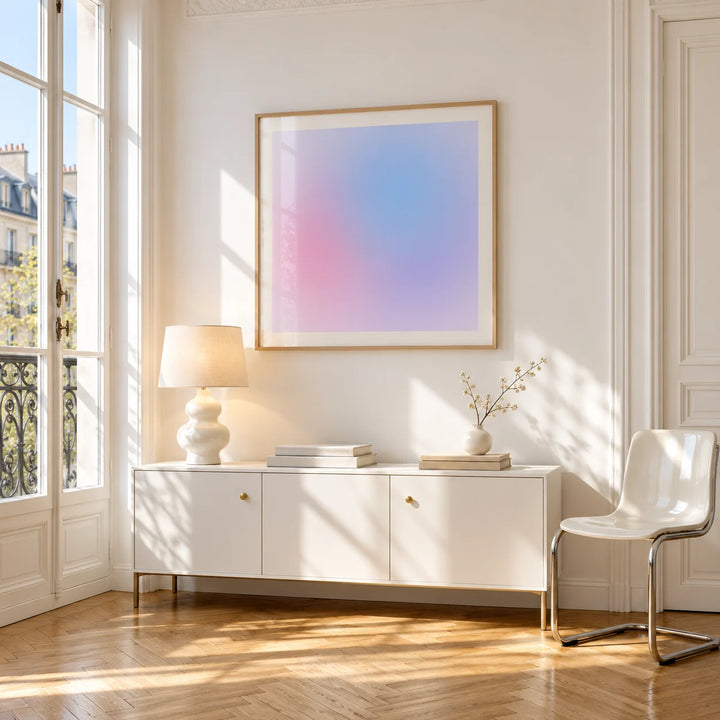 Lilac Haze Print, framed on the wall of a bright Paris style apartment in a living room