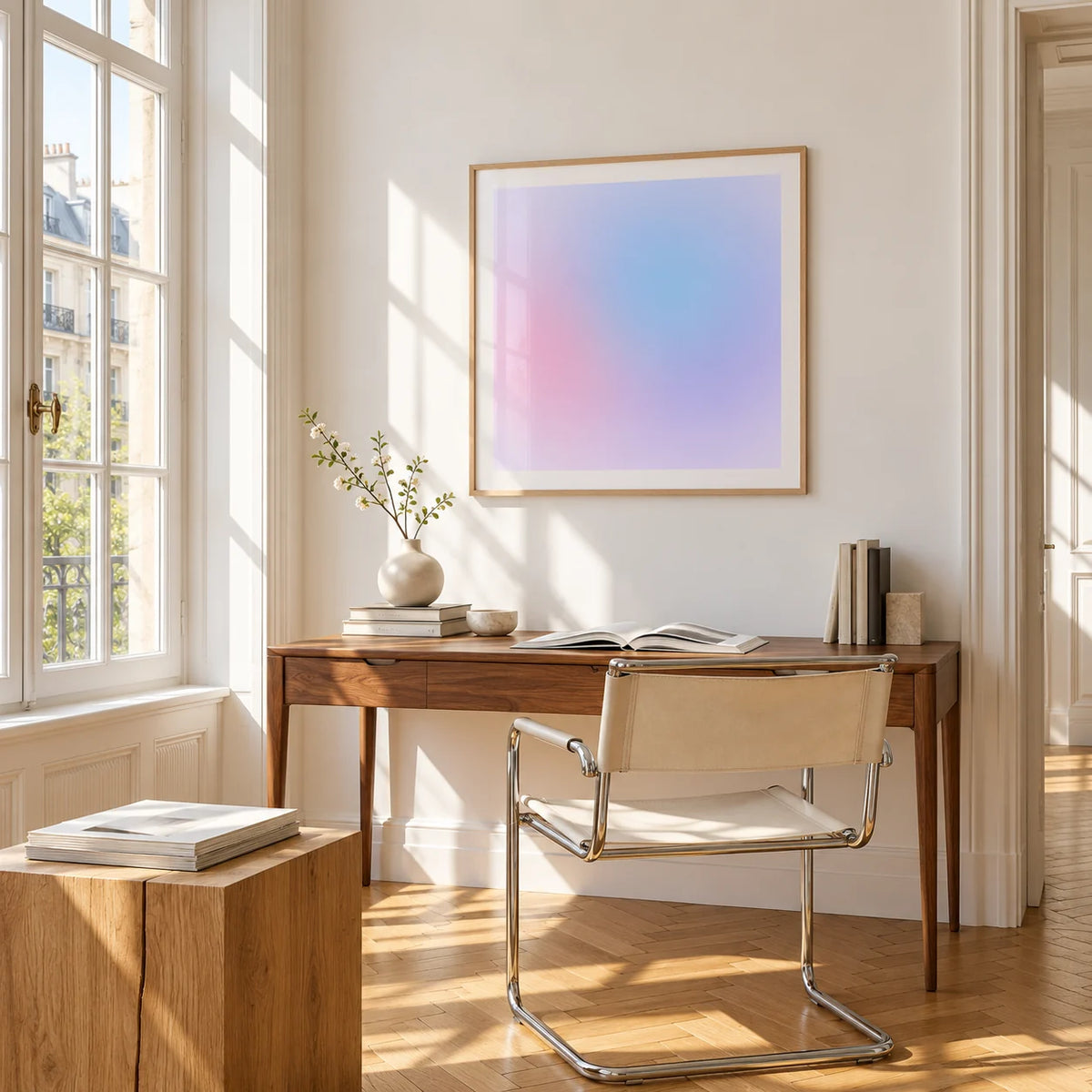 Lilac Haze Print, framed on the wall of a bright study corner with a tall white paned window