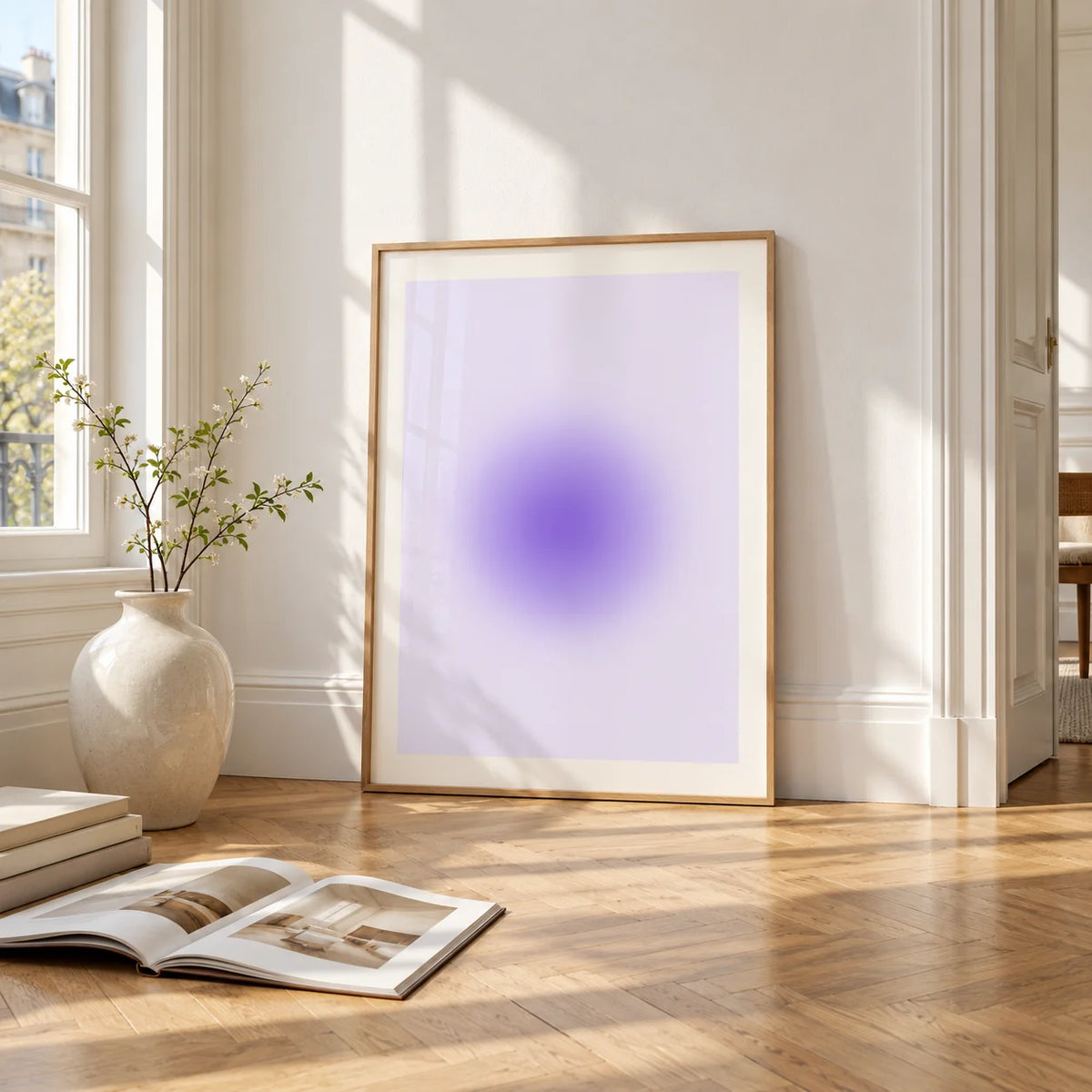Lilac Wall Art, framed and leaning on the parquet floor of a bright living room