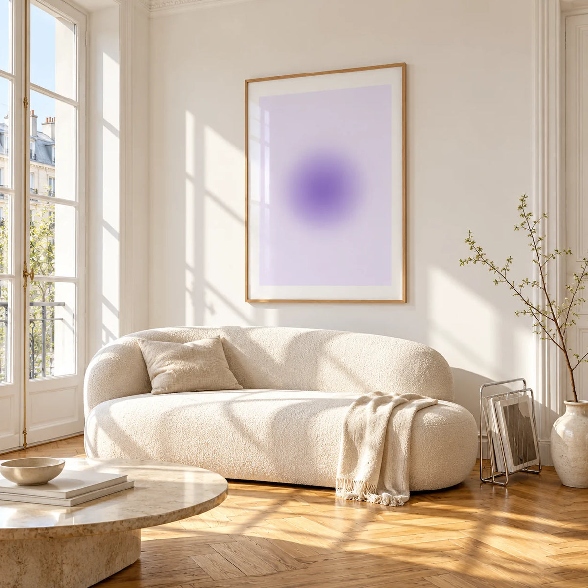 Lilac Wall Art, framed on the wall of a bright living room corner