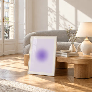 Lilac Wall Art, framed and leaning against a coffee table in a bright living room