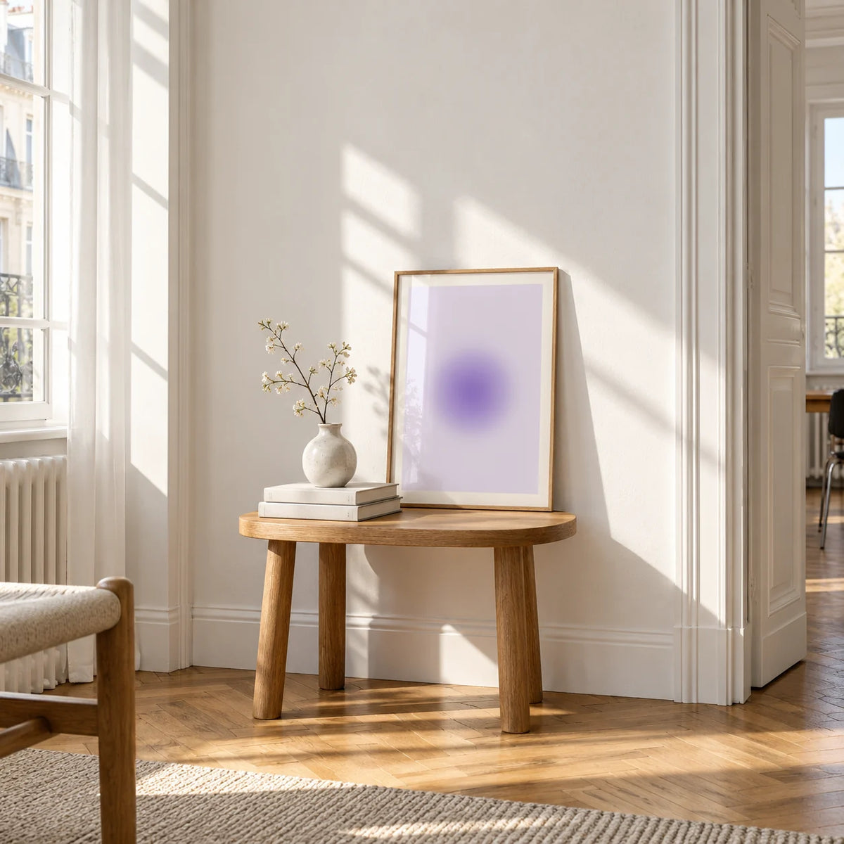 Lilac Wall Art, a small A4 framed print leaning on a small solid oak side table