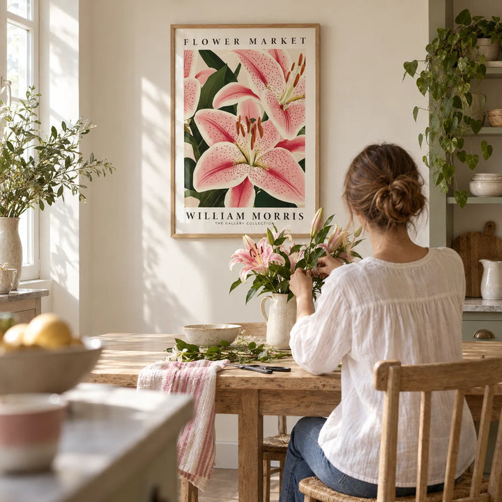 Pink Lily Art, framed on the wall of a bright cottage kitchen with a cream wall