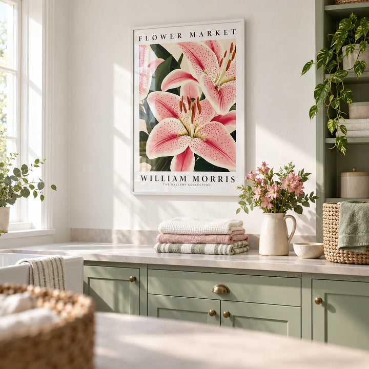 Pink Lily Art, framed on the wall of a bright utility room with a white wall and pale green cabinets in a laundry room