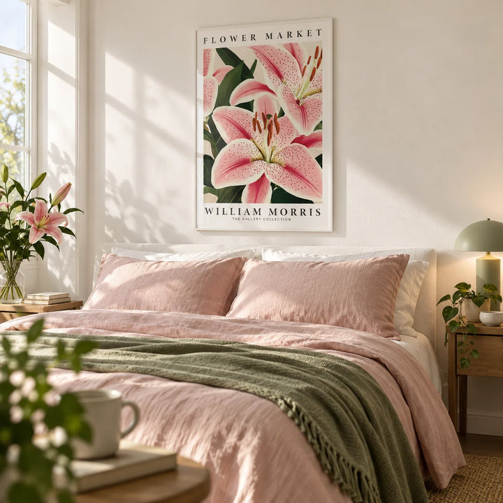 Pink Lily Art, framed on the wall of a calm bedroom with a warm white wall