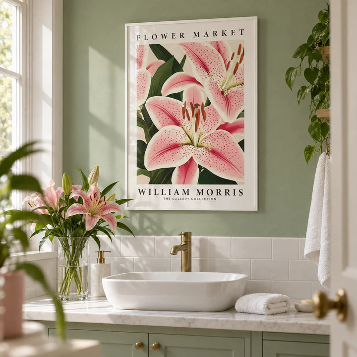 Pink Lily Art, framed on the wall of a fresh bathroom with a sage green painted wall and plain white tiles